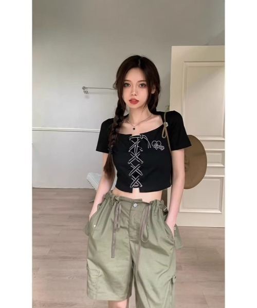 tシャツ Y2K ショート丈クロスレースアップ クロップド T シャツ