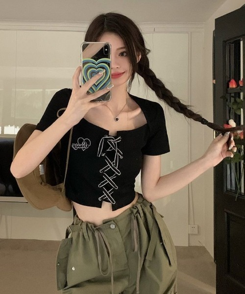 tシャツ Y2K ショート丈クロスレースアップ クロップド T シャツ