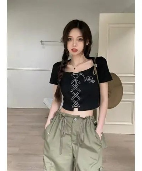 tシャツ Y2K ショート丈クロスレースアップ クロップド T シャツ