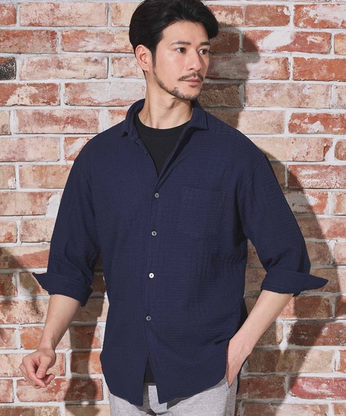 「UNION STATION」 7分袖シャツ L ネイビー メンズ_画像7