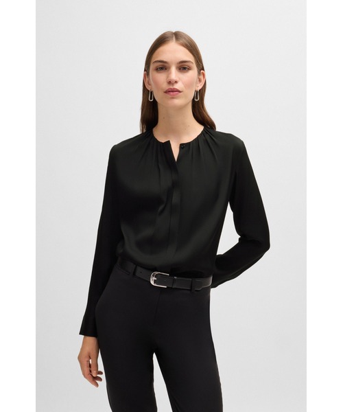 POSTELEGANT ポステレガント シルククレープブラウス38 black BOSS（HUGO BOSS） ブラウス シャツ ストレッチシルク クレープデシン