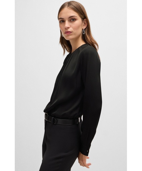 POSTELEGANT ポステレガント シルククレープブラウス38 black BOSS（HUGO BOSS） ブラウス シャツ ストレッチシルク クレープデシン