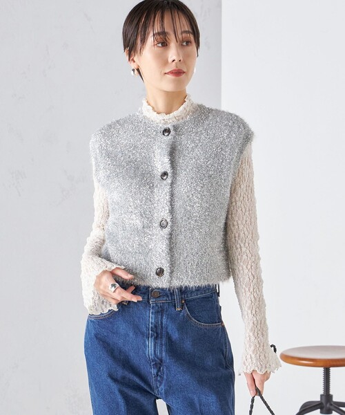▼24年AW✨極美品✨芽風 メフウ【38】シルクボーダーベスト ジレ レイヤード SHIPS（シップス） ベスト ジレ *「手洗い可能」グリッター ラメ