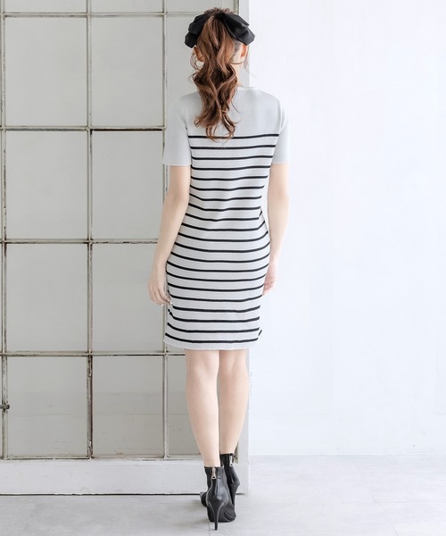 Julia Boutique ワンピース Parisボーダー柄半袖ニットワンピース 