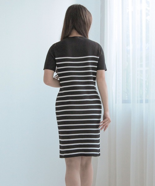 Julia Boutique ワンピース Parisボーダー柄半袖ニットワンピース 
