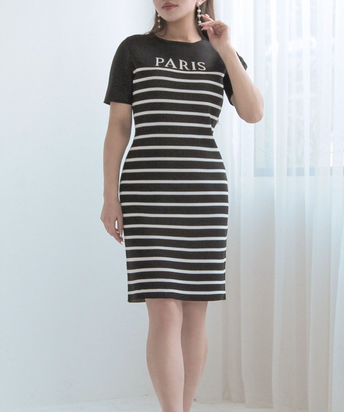 Julia Boutique ワンピース Parisボーダー柄半袖ニットワンピース 