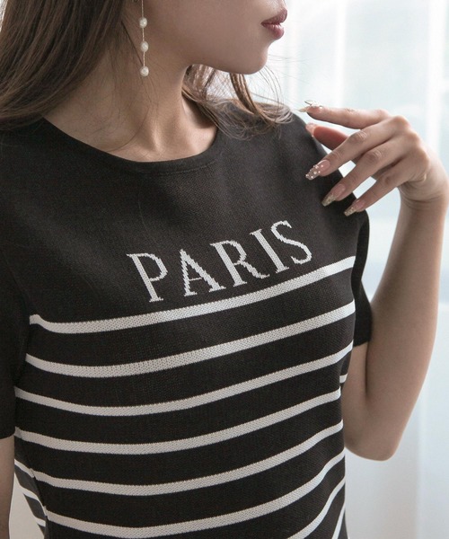 Julia Boutique ワンピース Parisボーダー柄半袖ニットワンピース 