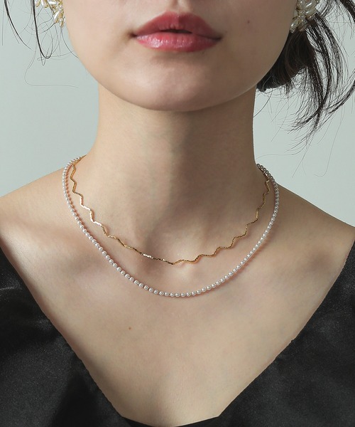 ネックレス ウェーブ チェーン 小粒 パール 2連 ネックレス 結婚式  