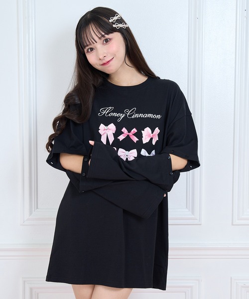 tシャツ pink ribbon 袖スリットロンT レディース