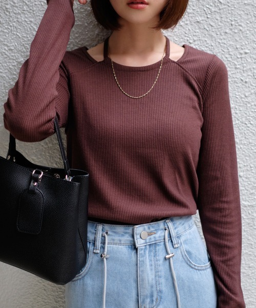 ピウム Tシャツ バックリボンデザイン tシャツ バックリボンカットアウトリブトップス レディース
