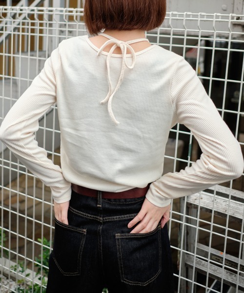 バックリボントップス レディース tシャツ バックリボンカットアウトリブトップス レディース