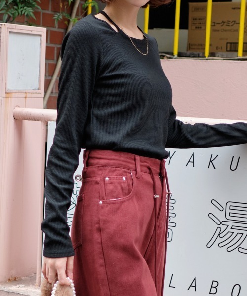 tシャツ バックリボンカットアウトリブトップス レディース