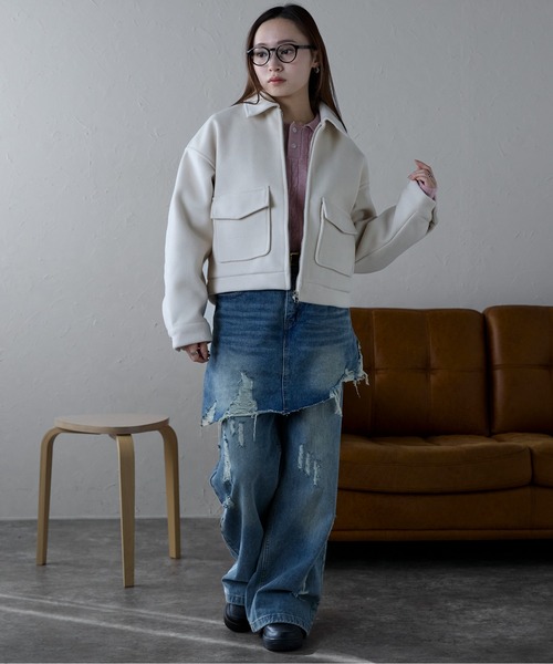 ショートブルゾン　ブルー SERACE】2way loose shaggy short blouson / 2wayルーズシャギー