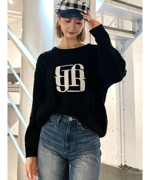 ニット セーター BIG GYGYロゴ刺繍ケーブルニットトップス レディース