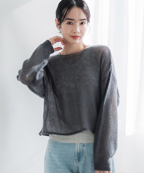 大*大様 ENCOMING インカミング　スキッパー　シアー　メッシュ　ニット セール】配色デザインメッシュニット（ニット/セーター