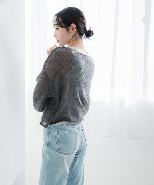 大*大様 ENCOMING インカミング　スキッパー　シアー　メッシュ　ニット セール】配色デザインメッシュニット（ニット/セーター