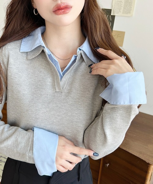 moment+ ニット セーター シャツレイヤードライク襟付きポロニットプル