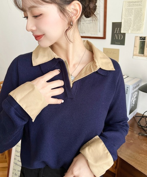 moment+ ニット セーター シャツレイヤードライク襟付きポロニットプル