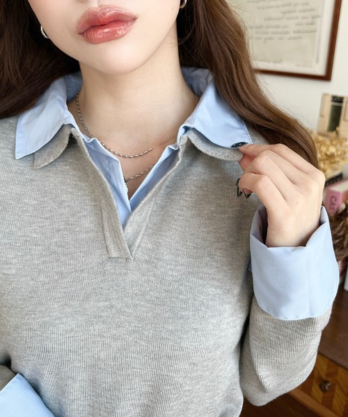 moment+ ニット セーター シャツレイヤードライク襟付きポロニットプル