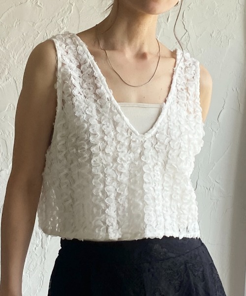 She's Closet ベスト ジレ 前後2WAYショート丈Vネックフリルレース