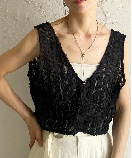 She's Closet ベスト ジレ 前後2WAYショート丈Vネックフリルレース