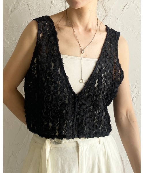 She's Closet ベスト ジレ 前後2WAYショート丈Vネックフリルレース