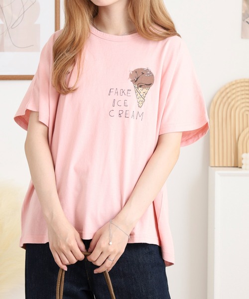 tシャツ EMAGO ねこアイスクリーム刺繍ドルマンＴ レディース