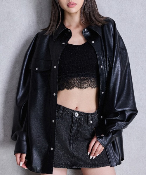 ブラウス シャツ フェイクレザースタイリングシャツ レディース