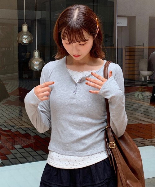 tシャツ 「裏起毛」花柄フェイクレイヤードヘンリーネックリブロンT