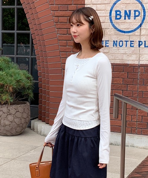tシャツ 「裏起毛」花柄フェイクレイヤードヘンリーネックリブロンT