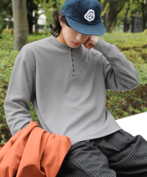 NAKER tシャツ ワッフル5ボタンヘンリーネック長袖カットソー メンズ
