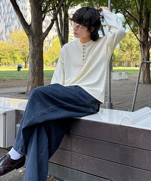 NAKER tシャツ ワッフル5ボタンヘンリーネック長袖カットソー メンズ