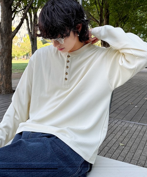 NAKER tシャツ ワッフル5ボタンヘンリーネック長袖カットソー メンズ