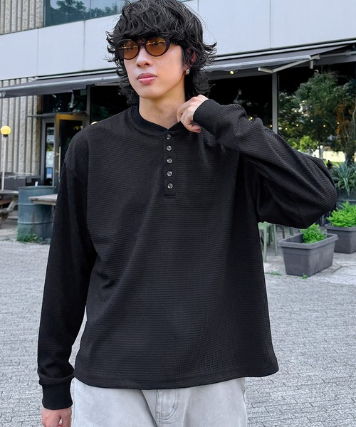 NAKER tシャツ ワッフル5ボタンヘンリーネック長袖カットソー メンズ