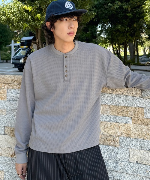 NAKER tシャツ ワッフル5ボタンヘンリーネック長袖カットソー メンズ