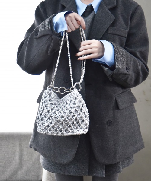 ショルダーバッグ バッグ チェーンストラップ付かぎ編みバッグ