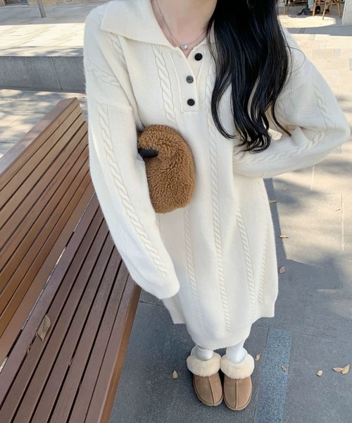 ワンピース ケーブル編み ポロニットワンピース /ケーブルニット ロングワンピース 韓国フェミニン 秋冬 | lulufa | 01