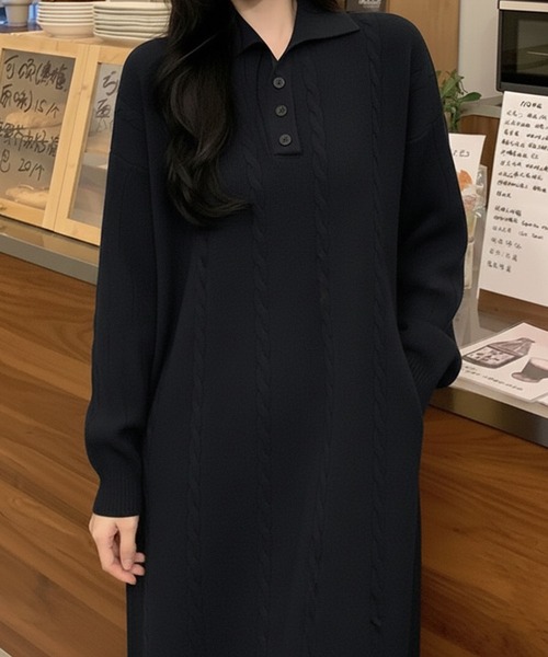 ワンピース ケーブル編み ポロニットワンピース /ケーブルニット ロングワンピース 韓国フェミニン 秋冬 | lulufa | 02