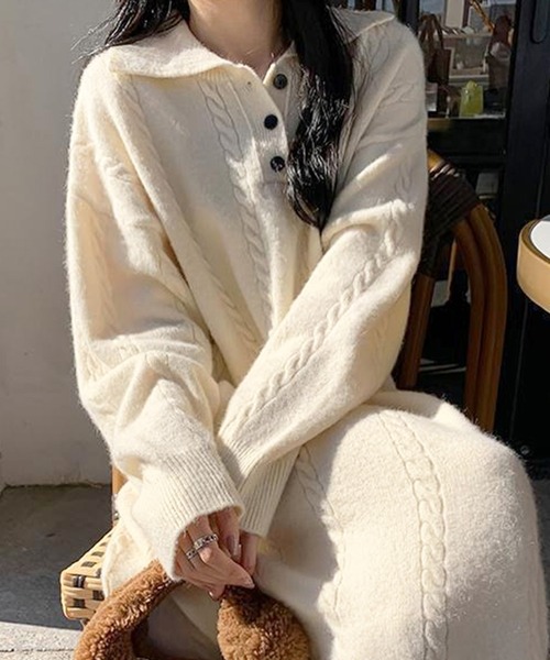 ワンピース ケーブル編み ポロニットワンピース /ケーブルニット ロングワンピース 韓国フェミニン 秋冬 | lulufa | 04