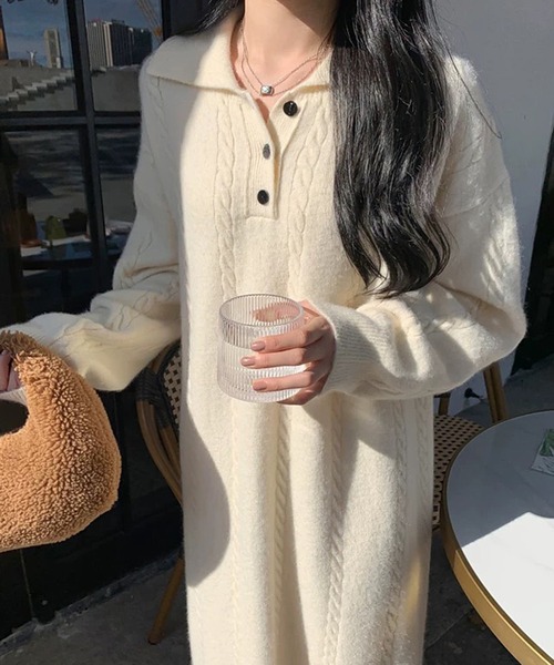 ワンピース ケーブル編み ポロニットワンピース /ケーブルニット ロングワンピース 韓国フェミニン 秋冬 | lulufa | 05