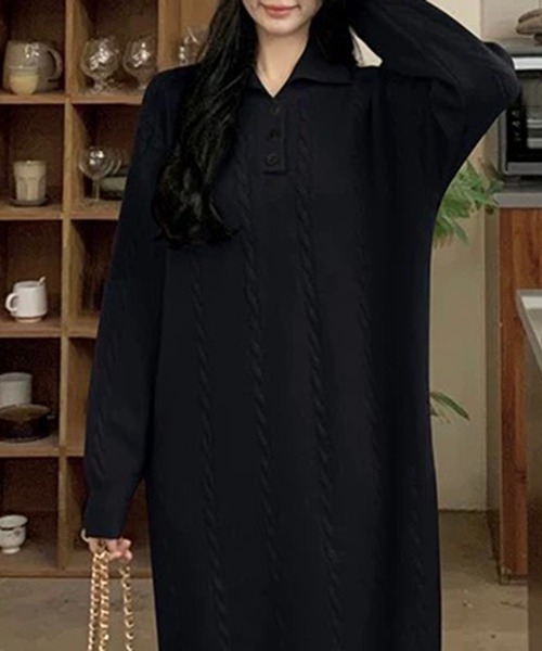 ワンピース ケーブル編み ポロニットワンピース /ケーブルニット ロングワンピース 韓国フェミニン 秋冬 | lulufa | 12