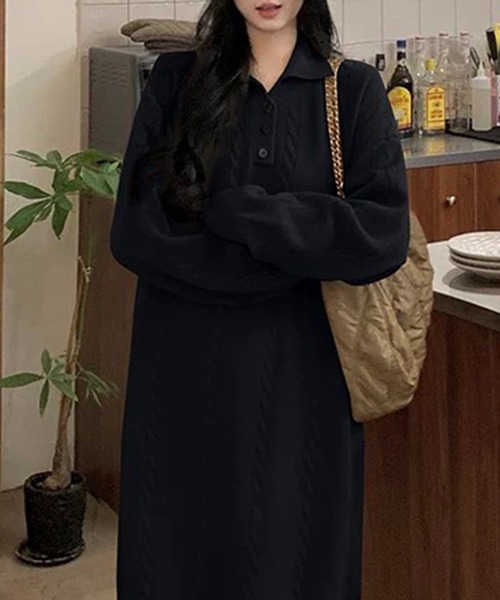 ワンピース ケーブル編み ポロニットワンピース /ケーブルニット ロングワンピース 韓国フェミニン 秋冬 | lulufa | 13