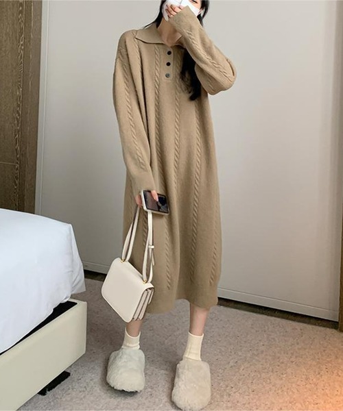 ワンピース ケーブル編み ポロニットワンピース /ケーブルニット ロングワンピース 韓国フェミニン 秋冬 | lulufa | 16