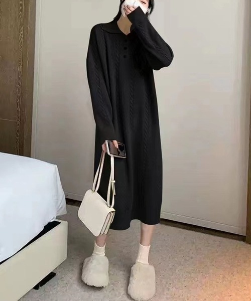 ワンピース ケーブル編み ポロニットワンピース /ケーブルニット ロングワンピース 韓国フェミニン 秋冬 | lulufa | 14