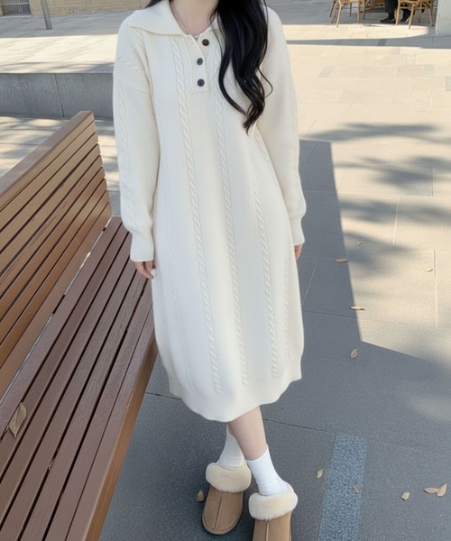 lulufa ワンピース ケーブル編み ポロニットワンピース /ケーブル