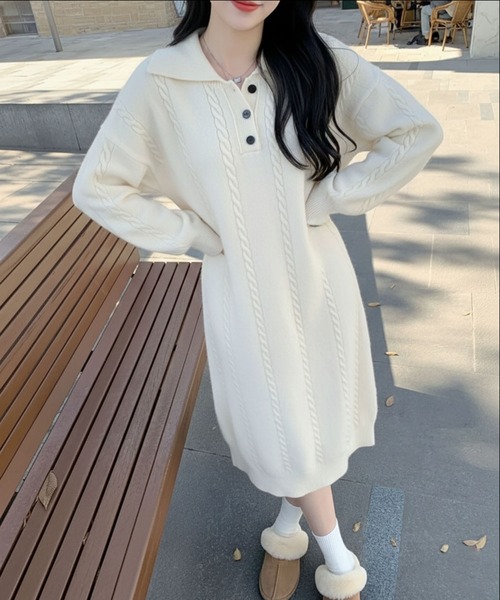 lulufa ワンピース ケーブル編み ポロニットワンピース /ケーブル