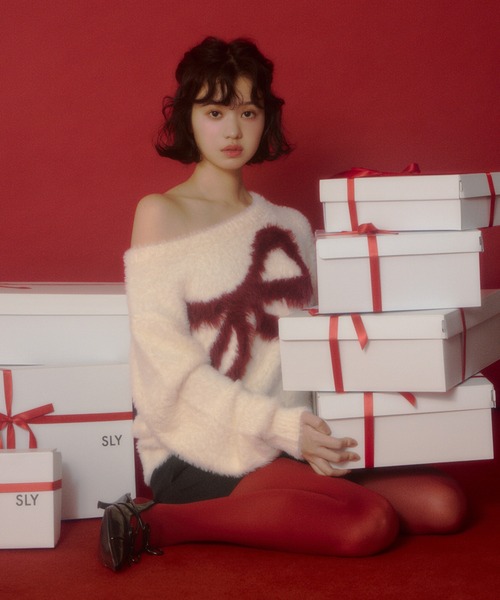 SLY（スライ） ニット セーター ONE SHOULDER RIBBON KNIT TOPS ワン