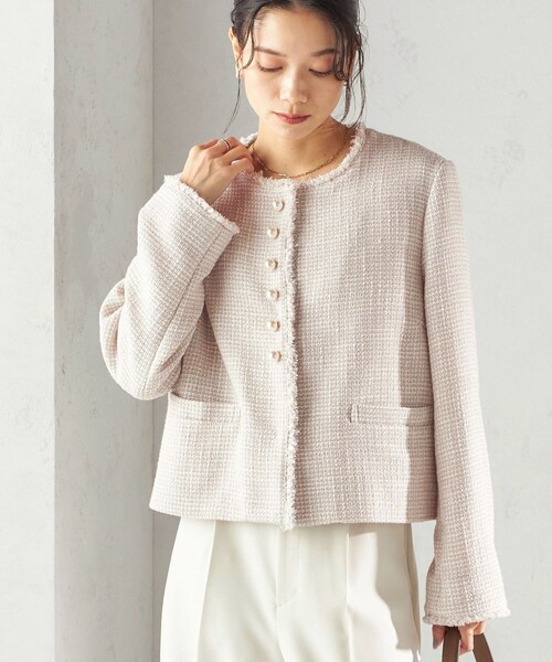 美品 SHIPS ツイード ジャケット ノーカラー パールボタン SHIPS（シップス） ジャケット ノーカラージャケット トライスピン 杢