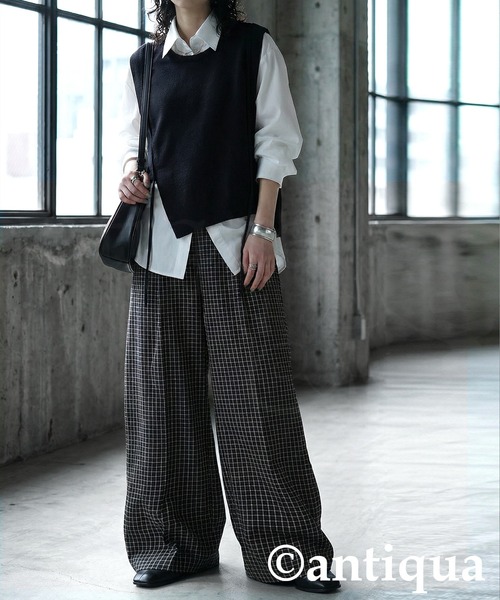 antiqua（アンティカ） パンツ チェック柄 ワイドパンツ レディース