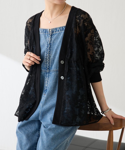 ブラウス シャツ 体型カバー/軽量/夏にも羽織れるギャザー切替シアーシャツカーディガン/WEB限定カラー展開 レディースの画像